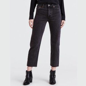 Levi's Premium Wedgie Straight Jeans High Rise Raw Hem Black Washed Pant sz 30